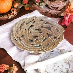 Gorgeous Gold Metal Feather Motif Centerpiece-Bowl